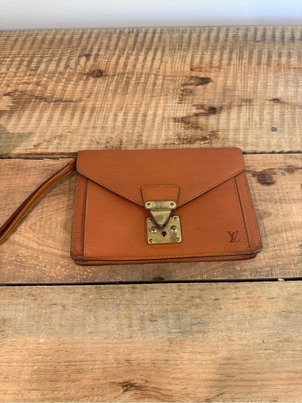 Louis Vuitton Tan Epi Leather Wristlet Clutch with Gold Hardware project piece